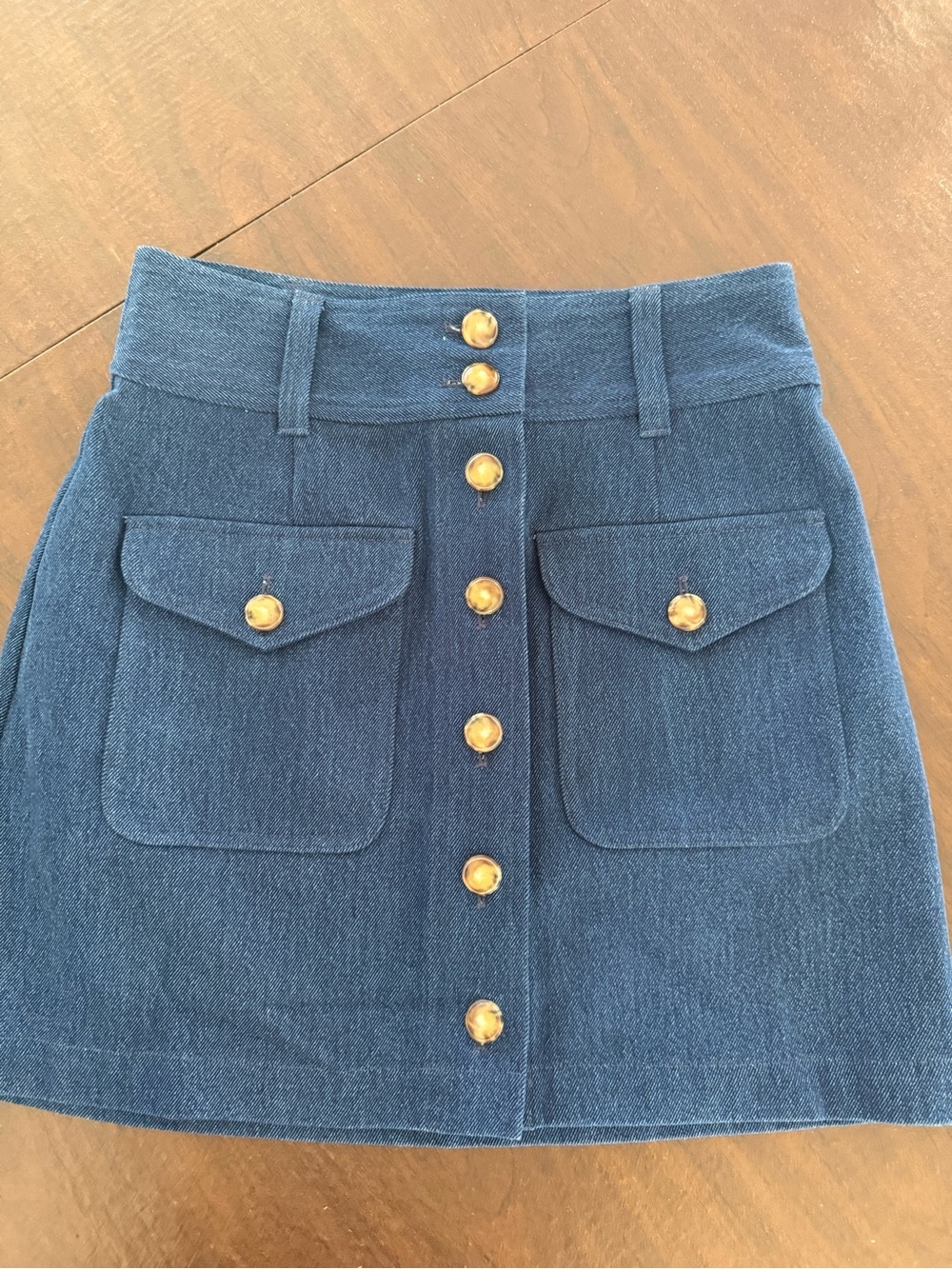 Sezane Dark Blue Denim Mini Skirt with Gold Buttons